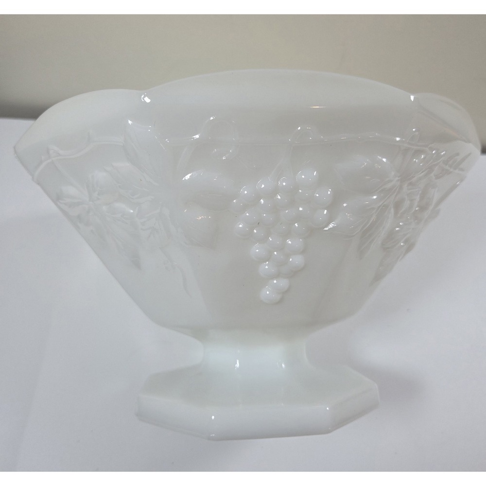 Vintage Anchor Hocking White Milk Glass Grape Pattern Footed Fruit Bowl